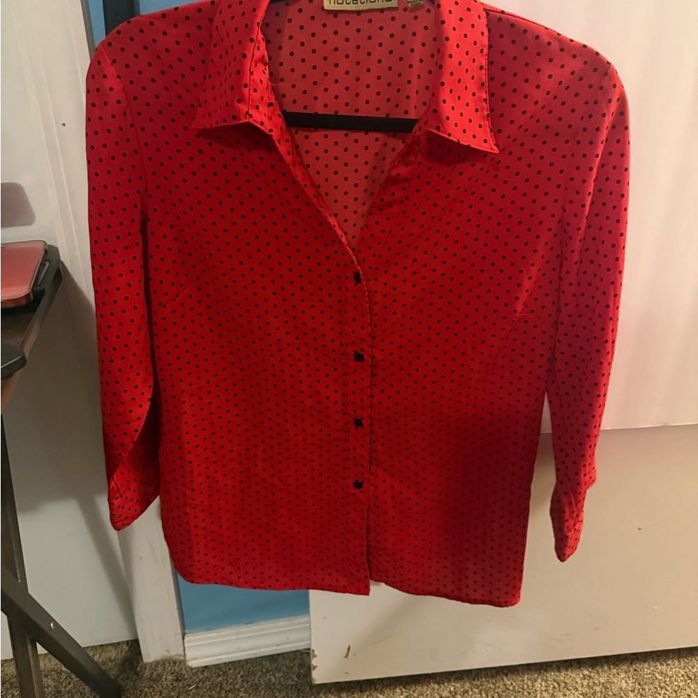 Notations Red Button-Down Blouse with Black Polka Dots